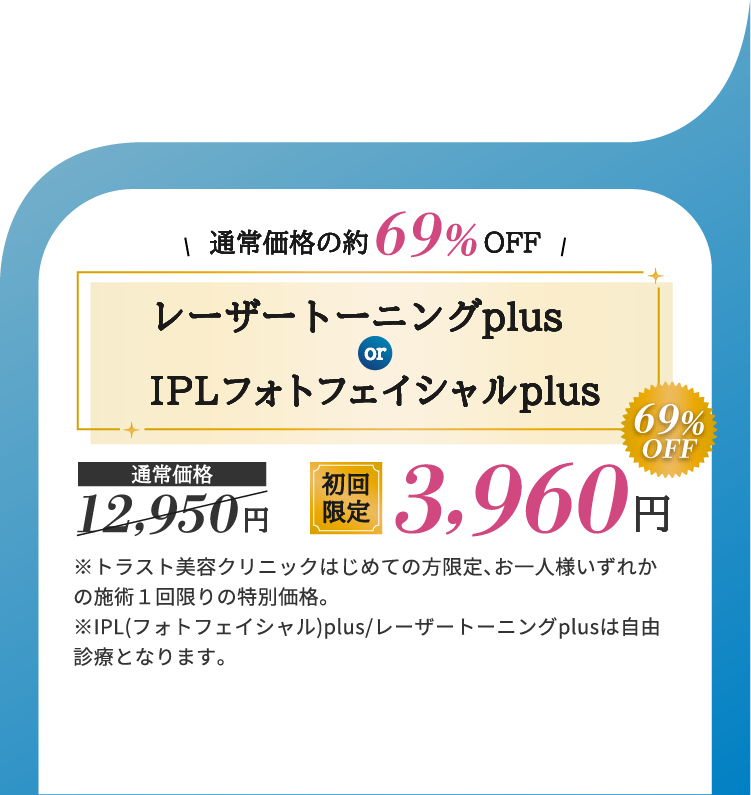 レーザートーニングplusまたはIPLフォトフェイシャルplusが通常価格から69%OFFで3,960円